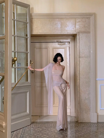 Chic Champagne Wedding Guest Dress Chiffon Spaghetti Straps Sheath Evening Dress Sleeveless Birthday Dress ED06617