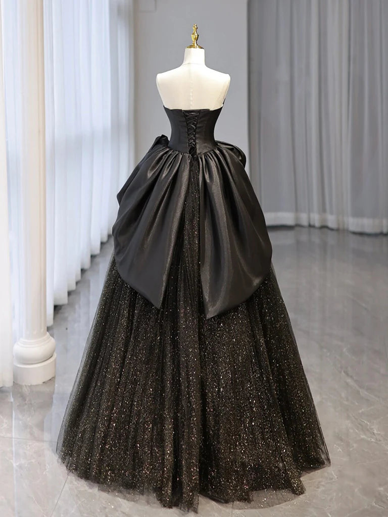 Schwarzes langes Ballkleid aus Satintüll mit Herzausschnitt, schwarzes langes Abendkleid ED0662