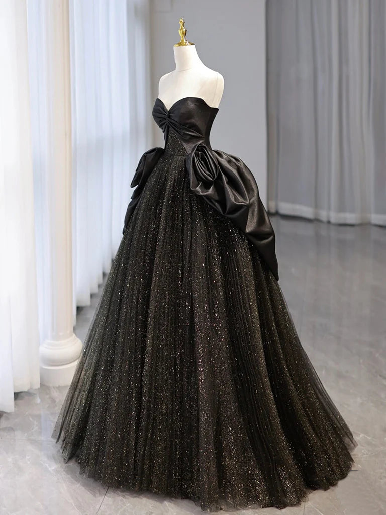 Schwarzes langes Ballkleid aus Satintüll mit Herzausschnitt, schwarzes langes Abendkleid ED0662