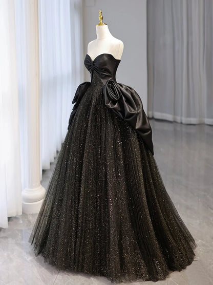 Schwarzes langes Ballkleid aus Satintüll mit Herzausschnitt, schwarzes langes Abendkleid ED0662