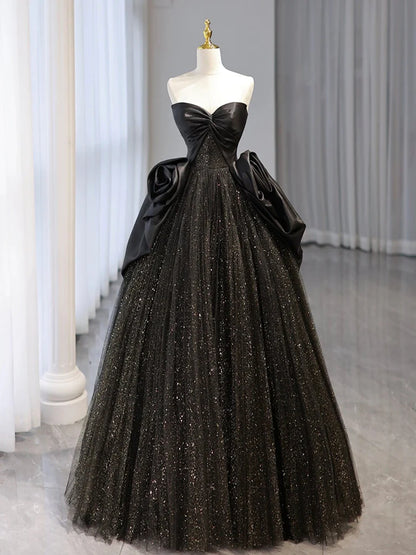 Schwarzes langes Ballkleid aus Satintüll mit Herzausschnitt, schwarzes langes Abendkleid ED0662