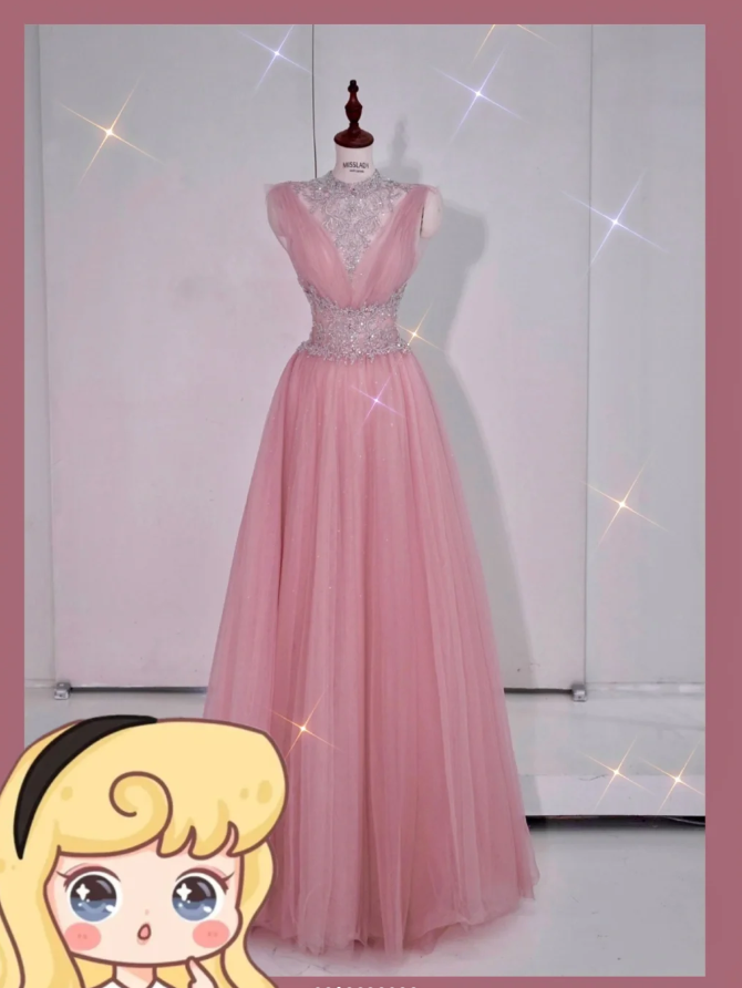 Chic Pink Long Prom Dress Tulle Beaded V-neck A-Line Evening Dress Sleeveless Birthday Dress ED06620