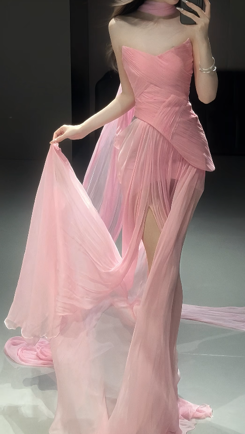 Chic Pink Long Prom Dress Chiffon Sweetheart Sheath Evening Dress Sleeveless Birthday Dress ED06621