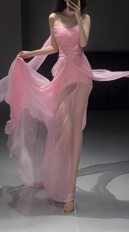 Chic Pink Long Prom Dress Chiffon Sweetheart Sheath Evening Dress Sleeveless Birthday Dress ED06621