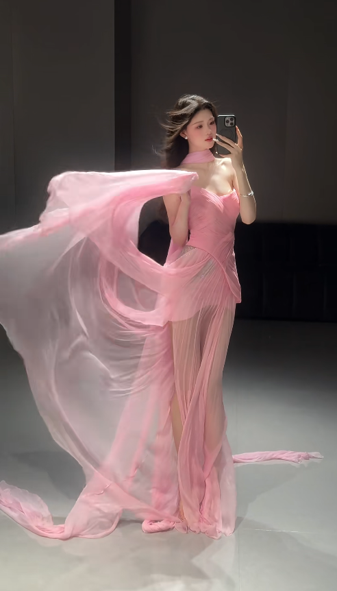 Chic Pink Long Prom Dress Chiffon Sweetheart Sheath Evening Dress Sleeveless Birthday Dress ED06621