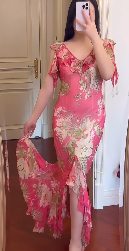 Vintage Pink Long Prom Dress Beaded Floral Chiffon V-neck Mermaid Evening Dress Sleeveless Formal Dress ED06629