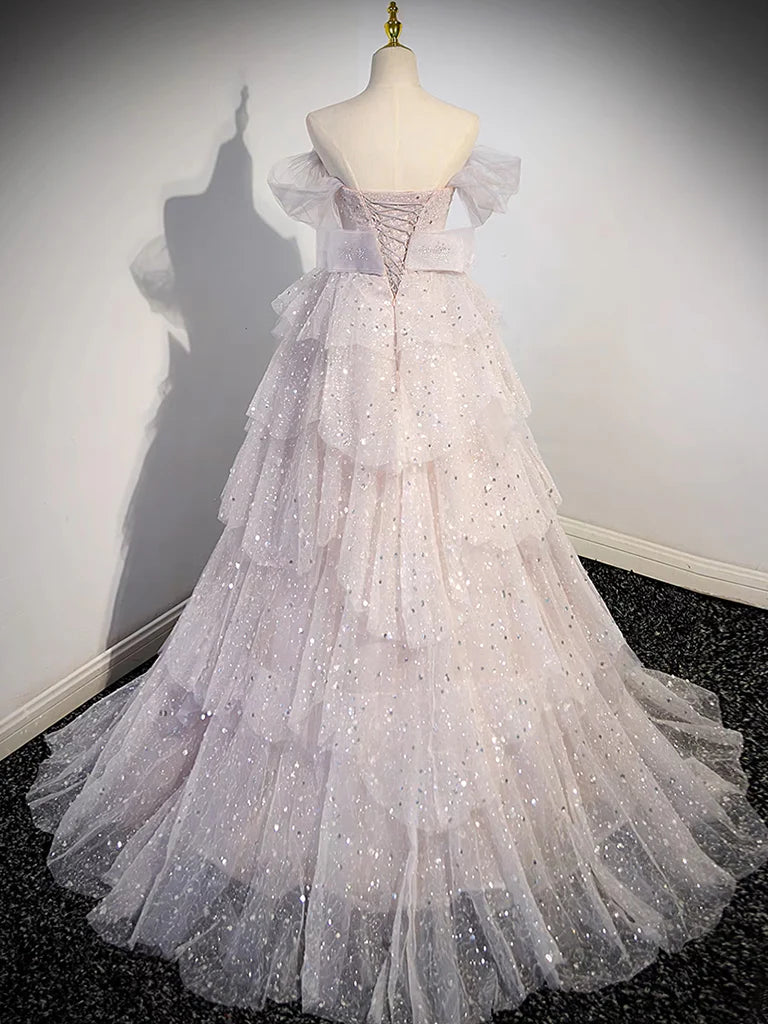 A-line Off Shoulder Tulle Sequin Light Pink Long Prom Dress,Sequin Long Evening Dress ED0663
