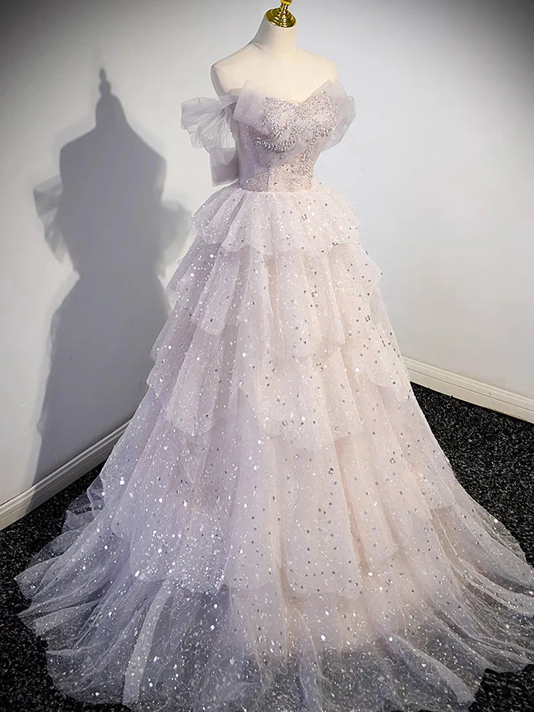 A-line Off Shoulder Tulle Sequin Light Pink Long Prom Dress,Sequin Long Evening Dress ED0663