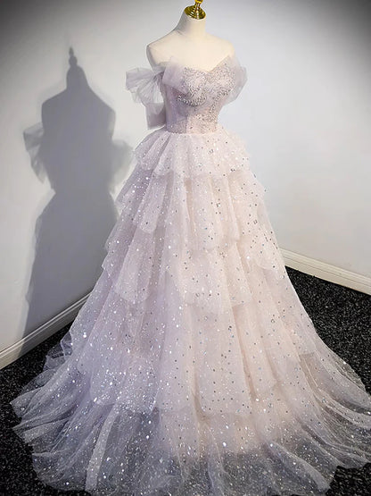 A-line Off Shoulder Tulle Sequin Light Pink Long Prom Dress,Sequin Long Evening Dress ED0663