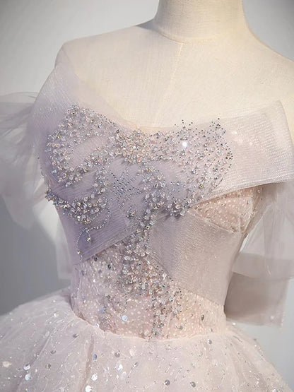 A-line Off Shoulder Tulle Sequin Light Pink Long Prom Dress,Sequin Long Evening Dress ED0663