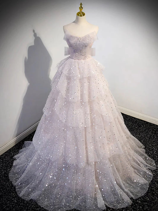 A-line Off Shoulder Tulle Sequin Light Pink Long Prom Dress,Sequin Long Evening Dress ED0663