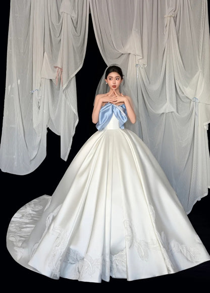 Modest A-line Long Wedding Dress Satin Strapless White Bridal Gowns Sleeveless Bridal Dress ED06632