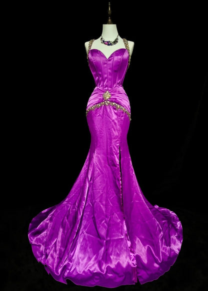 Chic Purple Long Prom Dress Satin Sweetheart Mermaid Evening Dress Sleeveless Birthday Dress ED06635