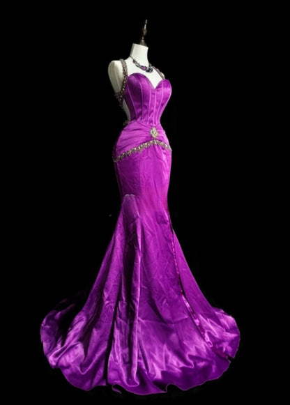 Chic Purple Long Prom Dress Satin Sweetheart Mermaid Evening Dress Sleeveless Birthday Dress ED06635