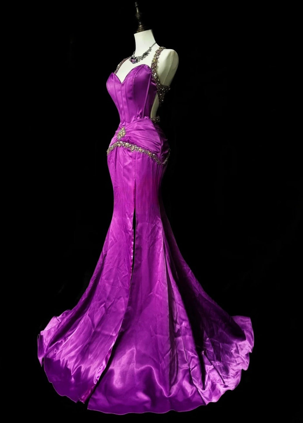 Chic Purple Long Prom Dress Satin Sweetheart Mermaid Evening Dress Sleeveless Birthday Dress ED06635
