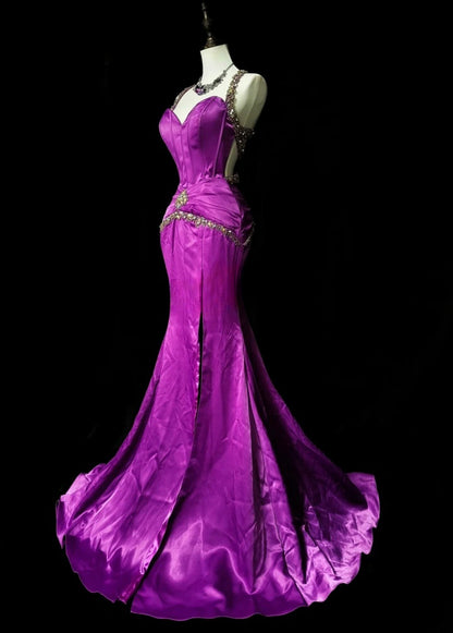 Chic Purple Long Prom Dress Satin Sweetheart Mermaid Evening Dress Sleeveless Birthday Dress ED06635