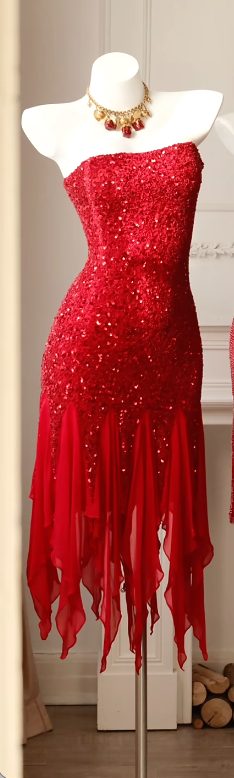 Chic Red Short Prom Dress Chiffon Sequins Strapless Sheath Evening Dress Sleeveless Birthday Dress ED06636