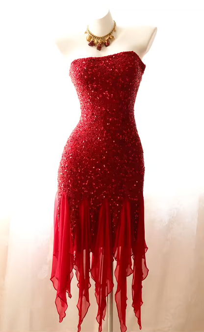 Chic Red Short Prom Dress Chiffon Sequins Strapless Sheath Evening Dress Sleeveless Birthday Dress ED06636