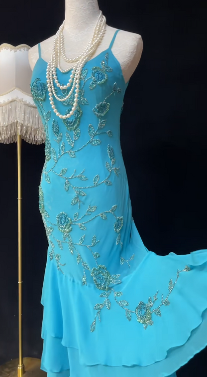 Robes d'anniversaire élégantes bleu dégradé, col en V, paillettes, mousseline, fourreau, robes de bal, robes de soirée ED04456