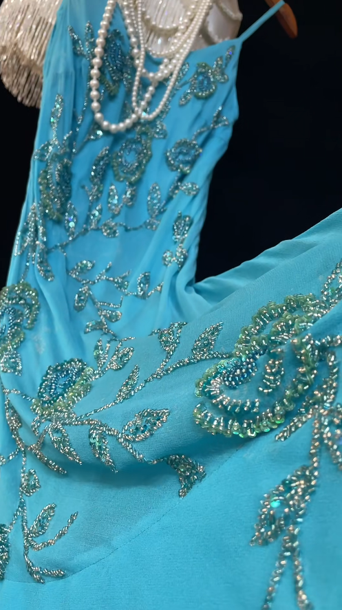 Robes d'anniversaire élégantes bleu dégradé, col en V, paillettes, mousseline, fourreau, robes de bal, robes de soirée ED04456