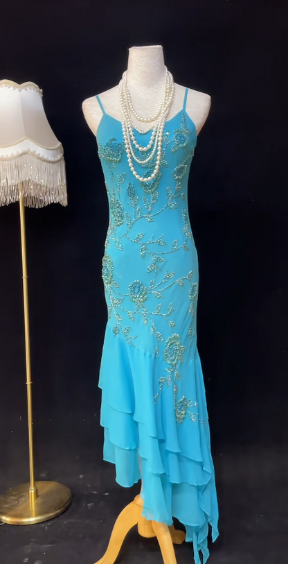 Robes d'anniversaire élégantes bleu dégradé, col en V, paillettes, mousseline, fourreau, robes de bal, robes de soirée ED04456