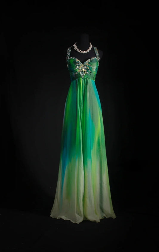 Robes d'anniversaire élégantes bleu dégradé, col en V, paillettes, mousseline, fourreau, robes de bal, robes de soirée ED04456