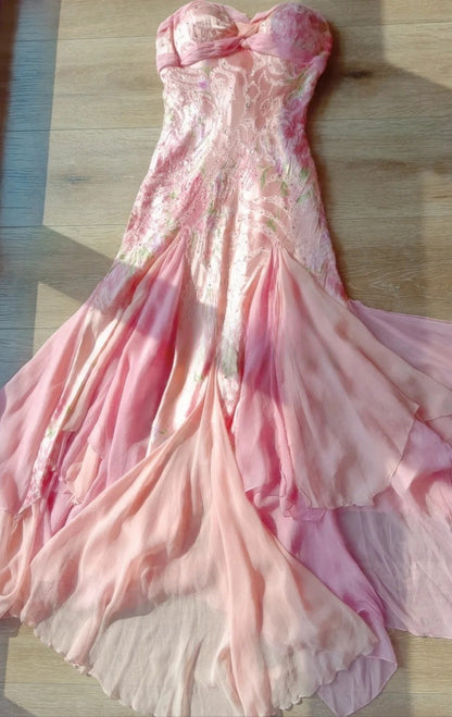 Gorgeous Pink Long Prom Dress Floral Chiffon Halter Sheath Evening Dress Sleeveless Birthday Dress ED06642