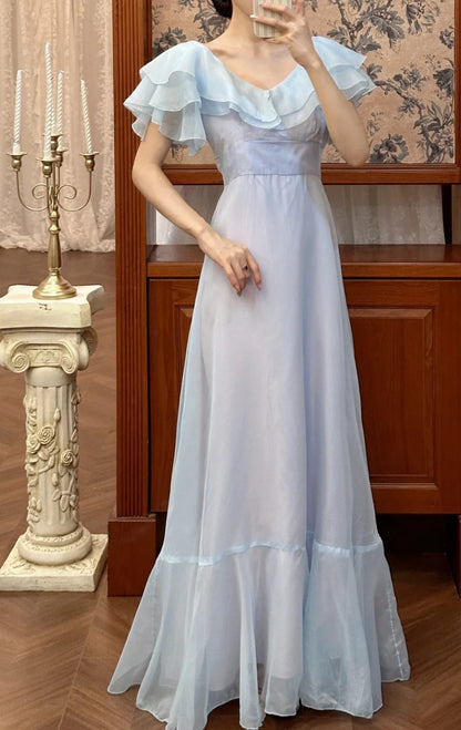 Vintage Blue Long Prom Dress Tulle V-Neck A-Line Evening Dress ED06644