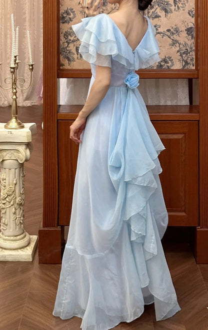 Vintage Blue Long Prom Dress Tulle V-Neck A-Line Evening Dress ED06644