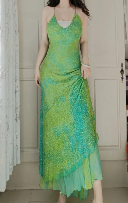 Chic Green Long Prom Dress Chiffon Beaded Spaghetti Straps Sheath Evening Dress Sleeveless Wedding Guest Dress ED06648