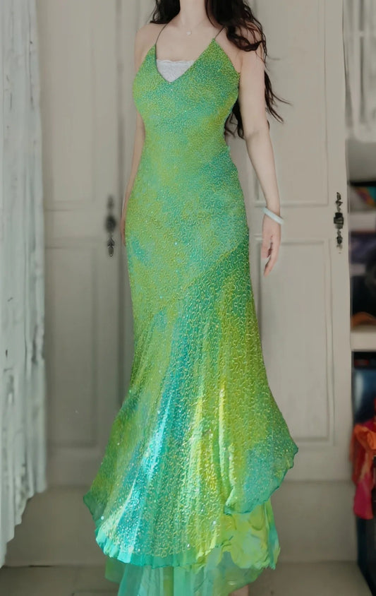 Chic Green Long Prom Dress Chiffon Beaded Spaghetti Straps Sheath Evening Dress Sleeveless Wedding Guest Dress ED06648