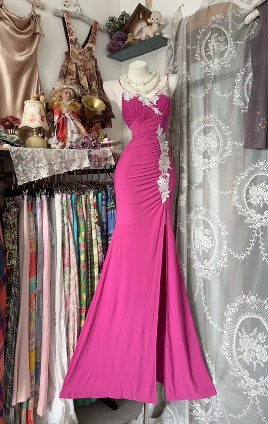 Chic Hot Pink Long Prom Dress Chiffon Spaghetti Straps Sheath Evening Dress Sleeveless Birthday Dress ED06649