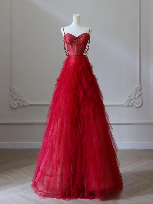 Robe de bal longue bordeaux en tulle et perles, coupe trapèze, décolleté en cœur, robe de soirée bordeaux ED0665