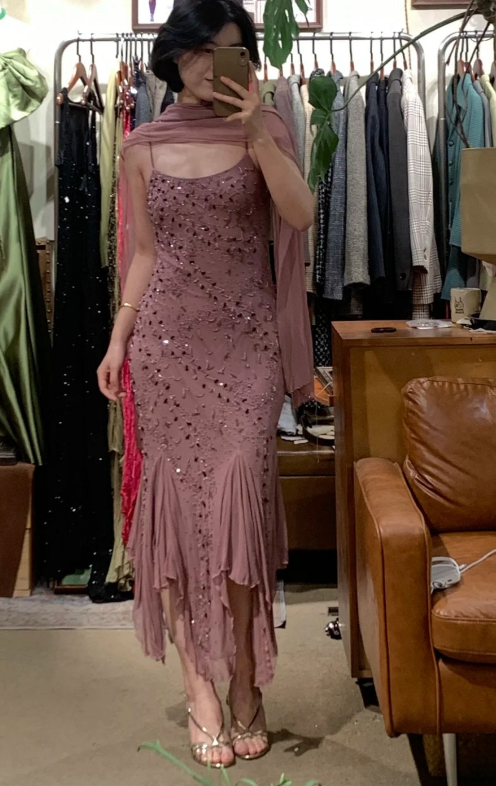 Chic Dusty Pink Long Prom Dress Chiffon Beaded Spaghetti Straps Sheath Evening Dress Sleeveless Formal Dress ED06650