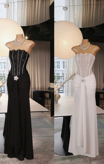 Chic Black Long Prom Dress Satin Sequins Strapless Sheath Evening Dress Sleeveless Formal Dress ED06651