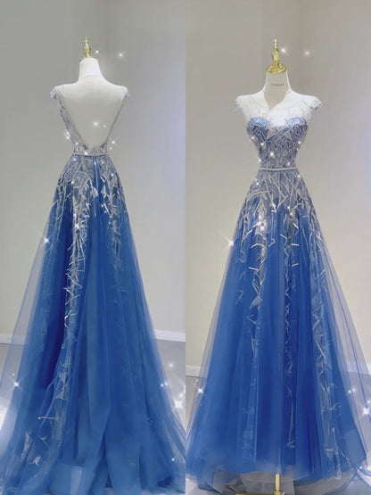 Chic Blue Long Prom Dress Tulle Jewel A-Line Evening Dress Sleeveless Formal Dress ED06652