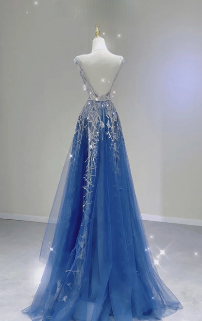 Chic Blue Long Prom Dress Tulle Jewel A-Line Evening Dress Sleeveless Formal Dress ED06652