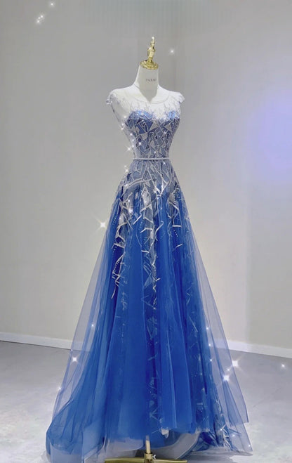 Chic Blue Long Prom Dress Tulle Jewel A-Line Evening Dress Sleeveless Formal Dress ED06652
