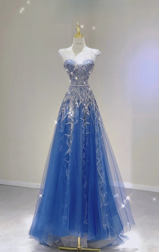 Robes d'anniversaire élégantes bleu dégradé, col en V, paillettes, mousseline, fourreau, robes de bal, robes de soirée ED04456