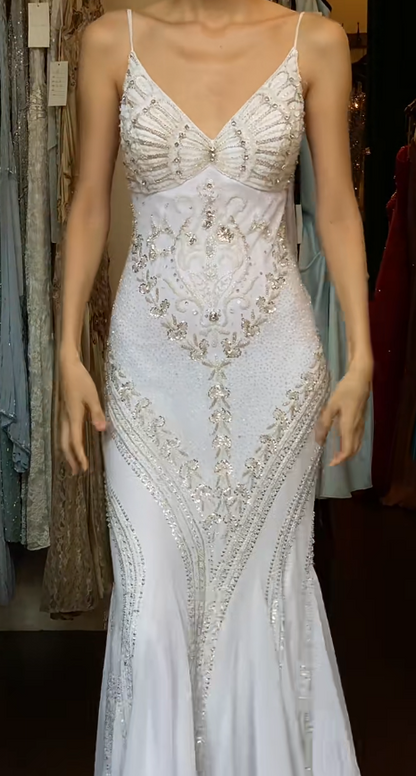 Chic White Long Prom Dress Beaded Chiffon Beaded Mermaid Evening Dress Sleeveless Spaghetti Straps Formal Dress ED06653