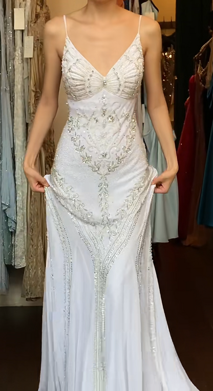 Chic White Long Prom Dress Beaded Chiffon Beaded Mermaid Evening Dress Sleeveless Spaghetti Straps Formal Dress ED06653
