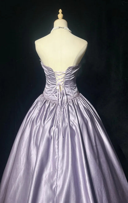 Cute Purple Long Prom Dress Satin Strapless A-Line Evening Dress  Sleeveless Birthday Dress ED06655