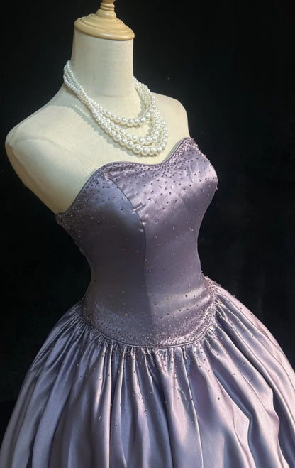 Cute Purple Long Prom Dress Satin Strapless A-Line Evening Dress  Sleeveless Birthday Dress ED06655