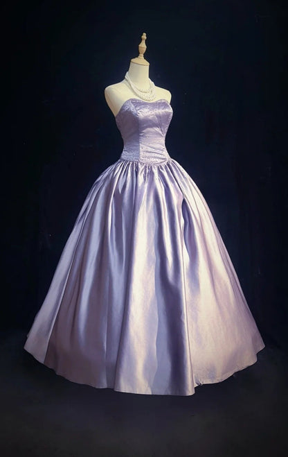 Cute Purple Long Prom Dress Satin Strapless A-Line Evening Dress  Sleeveless Birthday Dress ED06655
