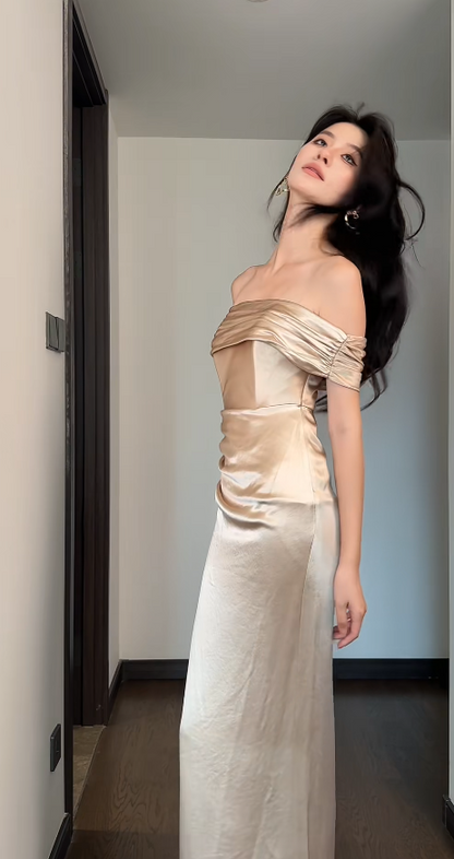 Champagne Off-Shoulder Bridesmaid Dress | Satin Sheath Long Evening Dress with Slit ED06657