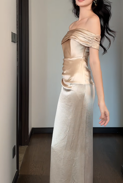 Champagne Off-Shoulder Bridesmaid Dress | Satin Sheath Long Evening Dress with Slit ED06657