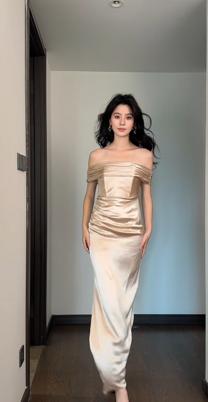 Champagne Off-Shoulder Bridesmaid Dress | Satin Sheath Long Evening Dress with Slit ED06657