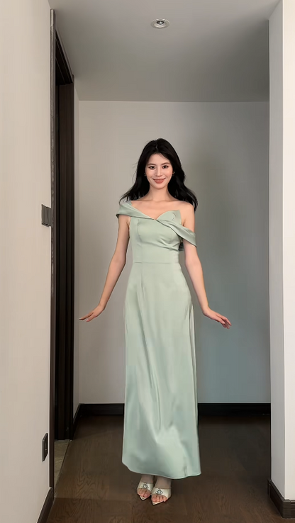Chic Green Bridesmaid Dress Off-shoulder Sheath Evening Dress Satin Weddding Guest Dress ED06658