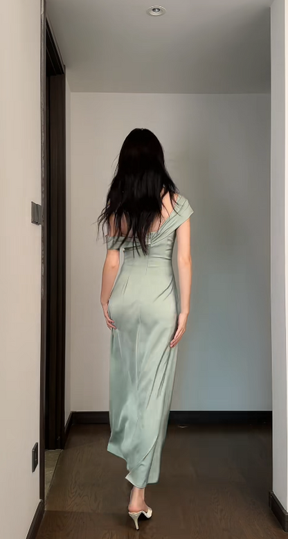 Chic Green Bridesmaid Dress Off-shoulder Sheath Evening Dress Satin Weddding Guest Dress ED06658