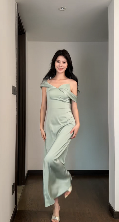Chic Green Bridesmaid Dress Off-shoulder Sheath Evening Dress Satin Weddding Guest Dress ED06658